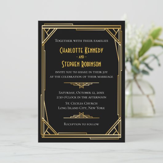  Art Deco Zwart & Goud Grote Gatsby Bruiloft Kaart (Staand voorkant)