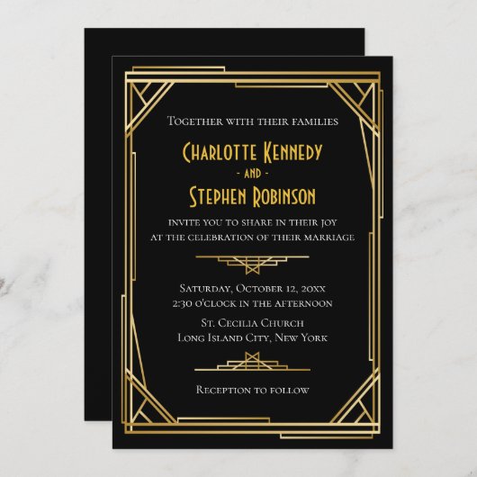  Art Deco Zwart & Goud Grote Gatsby Bruiloft Kaart (Voorkant / Achterkant)