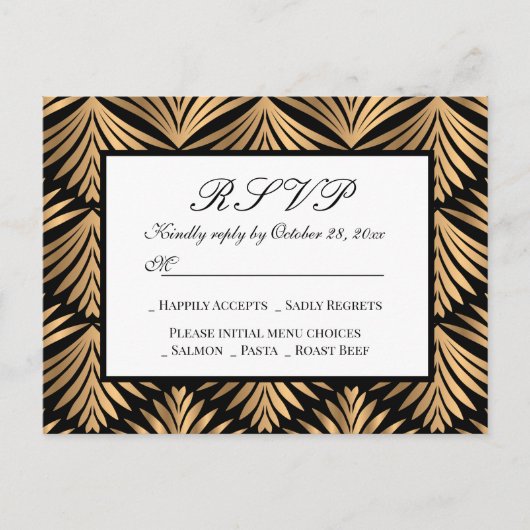 Art Deco Zwart Goud Grote Gatsby Bruiloft RSVP Kaa Uitnodiging Briefkaart (Voorkant)