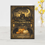 Art Deco Zwart Goud Halloween Kaart (Gele Bloem)