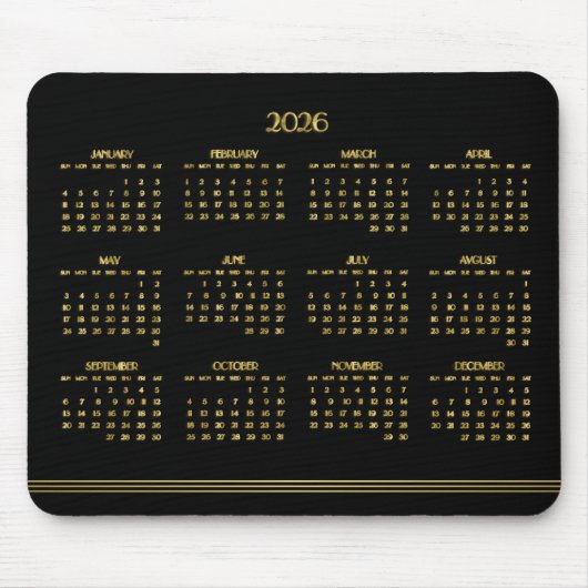 Art Deco Zwart Goud Jaarkalender 2026 Muismat (Voorkant)