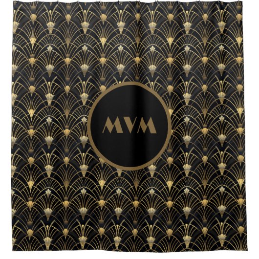 Art Deco Zwart Goud Monogram Douchegordijn (Voorkant)