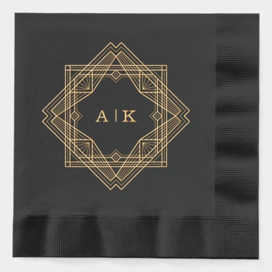 Art Deco Zwart Goud Monogrammed Folie Servetten (Voorkant)