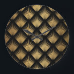 Art Deco, zwart goud patroon. Grote Klok<br><div class="desc">Art Deco Patroon. Naadloze zwarte en gouden achtergrond. Schubben of schelpen kruisen kant ornament. Minimalistisch geometrisch ontwerp. lijnen. 1920-30s motieven. Luxe illustratie Omhels Art Deco allure met zwart en gouden elegantie. Stap in de brullende jaren '20 met een art deco patroon in zwart en goud. Luxe en geschiedenis ontmoeten elkaar....</div>