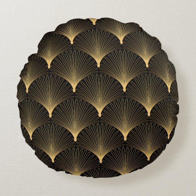 Art Deco: zwart goud patroon. Rond Kussen (Voorkant)