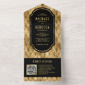 Art Deco Zwart Goud QR Code Bruiloft All In One Uitnodiging (Binnen)