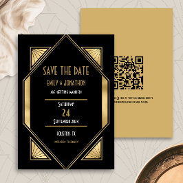 Art Deco Zwart Goud QR Code Bruiloft Opslaan De Da Save The Date