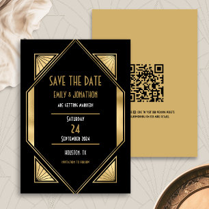 Art Deco Zwart Goud QR Code Bruiloft Opslaan De Da Save The Date