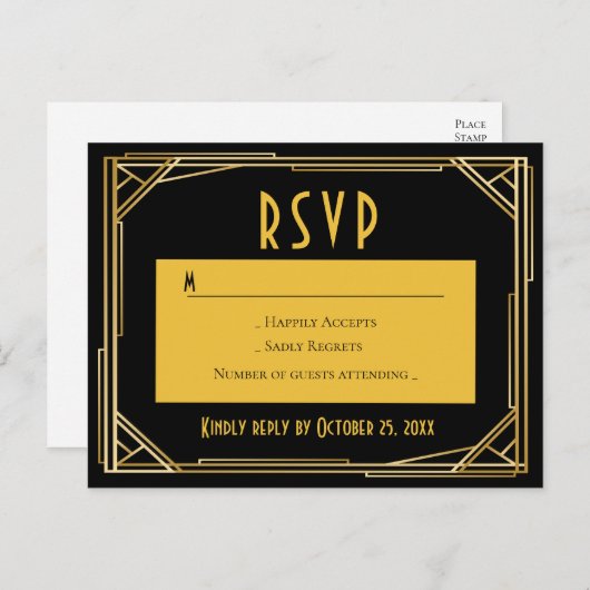 Art Deco Zwart Goud RSVP Grote Gatsby Bruiloft Uitnodiging Briefkaart (Voorkant / Achterkant)