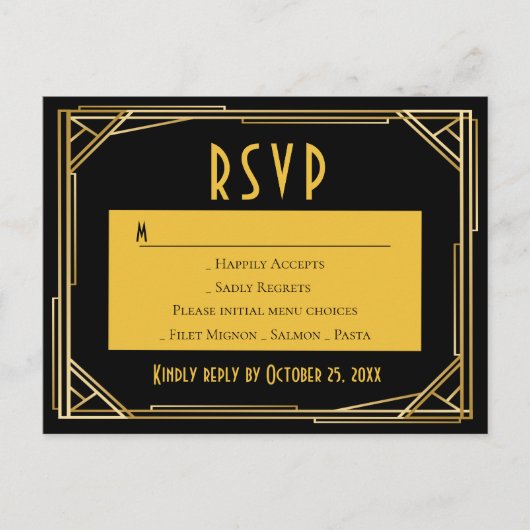 Art Deco Zwart Goud RSVP Grote Gatsby Bruiloft Uitnodiging Briefkaart (Voorkant)