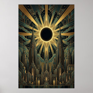 Art Deco zwart stadsgezicht poster   Goud Teal