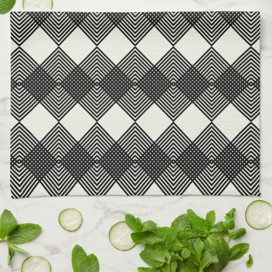 Art Deco Zwart Van Witte Diamanten Circuit Patroon Theedoek (Gevouwen)