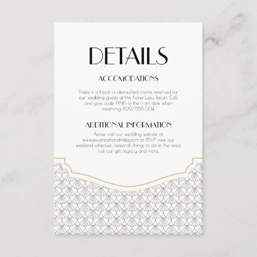 Art Deco  Zwart/Wit Bruiloft Details Informatiekaartje (Voorkant)