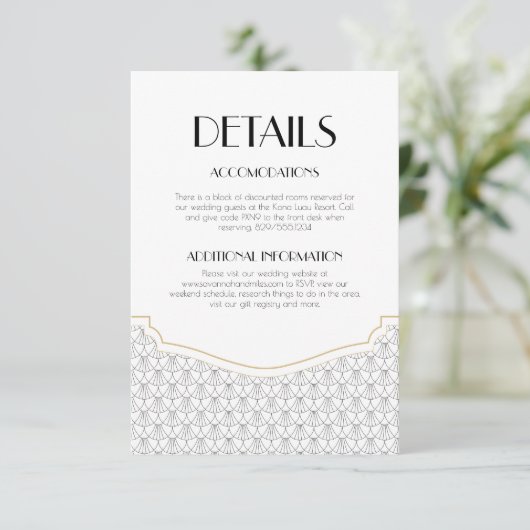 Art Deco  Zwart/Wit Bruiloft Details Informatiekaartje (Staand voorkant)