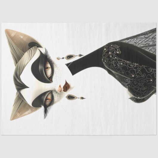 Art Deco Zwart Wit Feline Decoupage Tissuepapier (Voorkant)