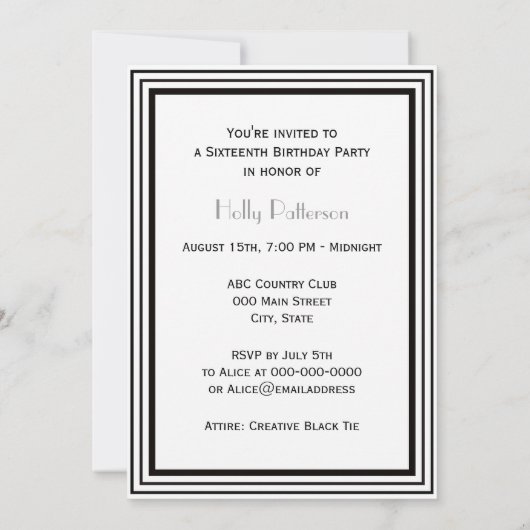 Art Deco Zwart Wit Lijst #1 V Sweet 16 Kaart (Achterkant)