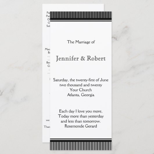 Art Deco Zwart Wit Streep Bruiloft Programma Programmakaart (Voorkant / Achterkant)