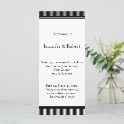 Art Deco Zwart Wit Streep Bruiloft Programma Programmakaart (Staand voorkant)