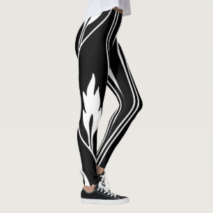 Art Deco Zwart & Wit  Strepen en Bloemen Leggings