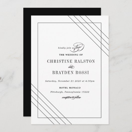 Art Deco zwart-wit trouwuitnodiging Kaart (Voorkant / Achterkant)