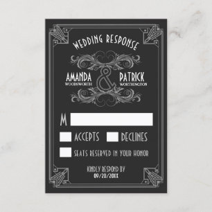 Art Deco  Zwart & Zilver Bruiloft RSVP Kaarten Kaartje