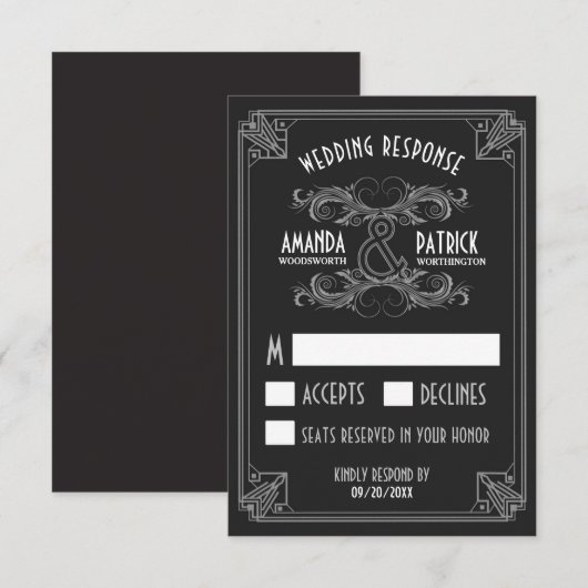 Art Deco  Zwart & Zilver Bruiloft RSVP Kaarten Kaartje (Voorkant / Achterkant)