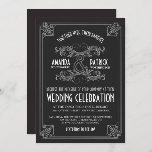 Art Deco Zwart Zilver Bruiloft Uitnodigingen (Voorkant / Achterkant)