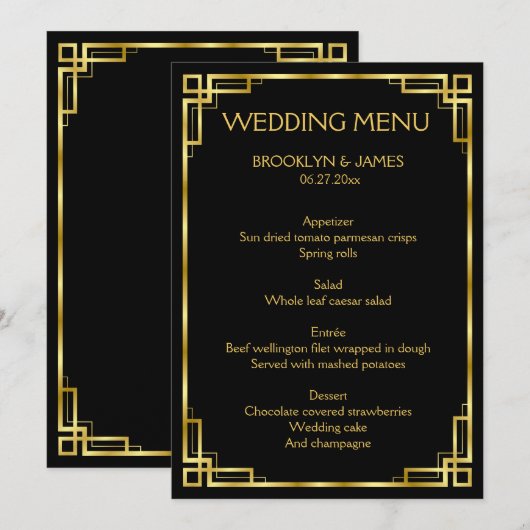 Art Deco Zwarte en Gouden Trouwmenu Kaarten (Voorkant / Achterkant)