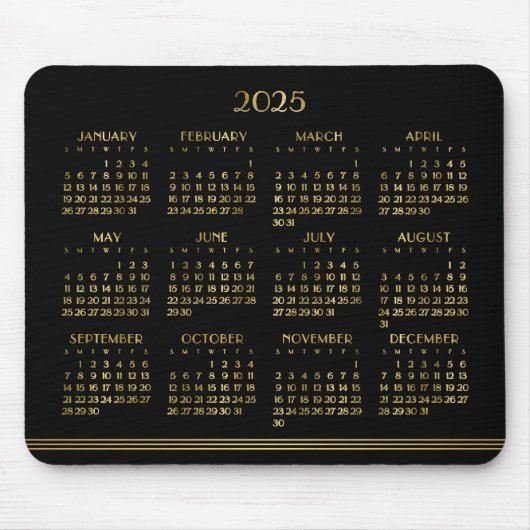 Art Deco Zwarte Gouden Jaarkalender 2025 Muismat (Voorkant)