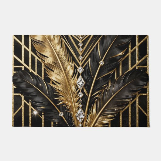 Art Deco Zwarte Gouden Veren Deurmat (Voorkant)