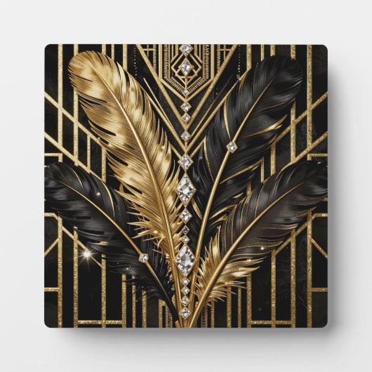 Art Deco Zwarte Gouden Veren Fotoplaat (Voorkant)