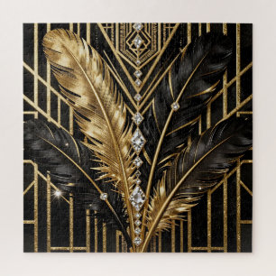 Art Deco Zwarte Gouden Veren Legpuzzel