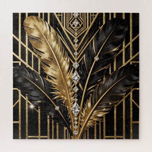 Art Deco Zwarte Gouden Veren Legpuzzel (Verticaal)