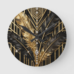 Art Deco Zwarte Gouden Veren Ronde Klok