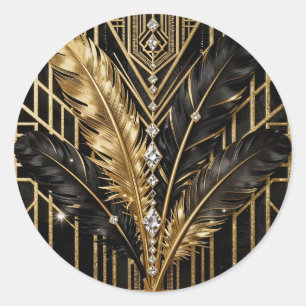 Art Deco Zwarte Gouden Veren Ronde Sticker