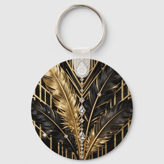 Art Deco Zwarte Gouden Veren Sleutelhanger (Voorkant)