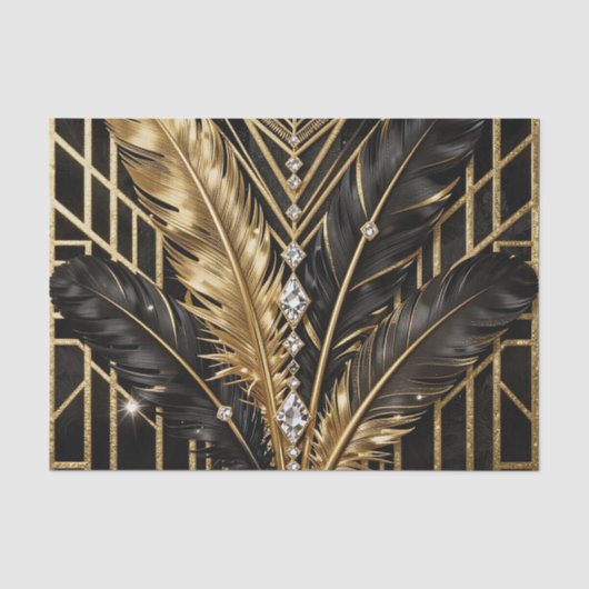 Art Deco Zwarte Gouden Veren Tissuepapier (Voorkant)