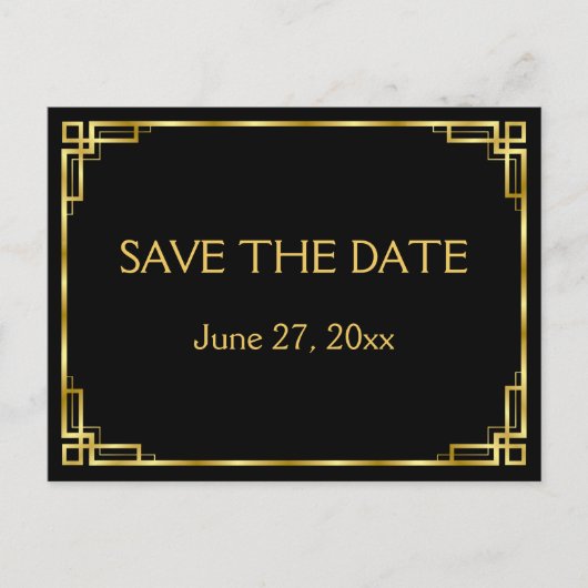 Art Deco Zwarte Huwelijk Save The Date-briefkaarte Aankondigingskaart (Voorkant)