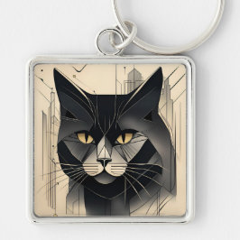 Art Deco Zwarte Kat Sleutelhanger