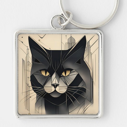 Art Deco Zwarte Kat Sleutelhanger (Voorkant)