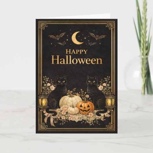Art Deco Zwarte Katten Luxe Halloween Kaart (Voorkant)