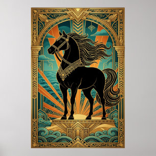 Art Deco Zwarte Paardenstandbeeld Zonneschijn Teal Poster