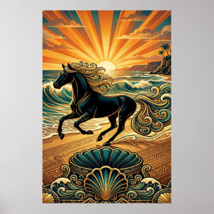Art Deco Zwarte Stier Strandgolven Zonsondergang P Poster