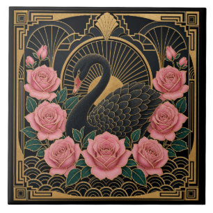 Art Deco Zwarte Zwaan en Roze Rozen Tegeltje