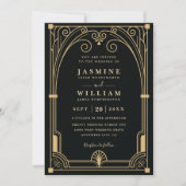 Art Decor Hek Goud Zwart Luxe QR Code Trouwen Kaart (Voorkant)