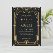 Art Decor Hek Goud Zwart Luxe QR Code Trouwen Kaart (Staand voorkant)