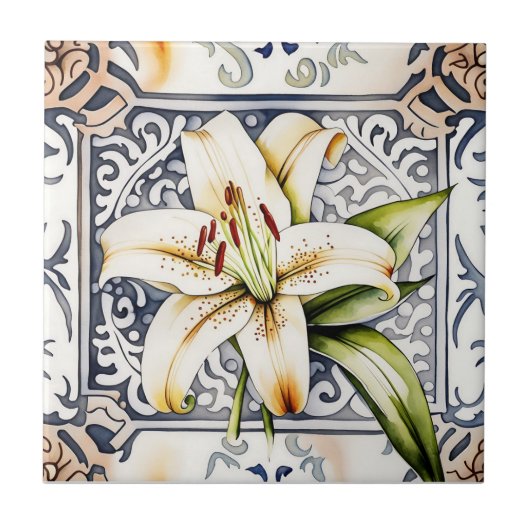 Art Decor Lelie antiek  keramische tegels Tegeltje (Voorkant)