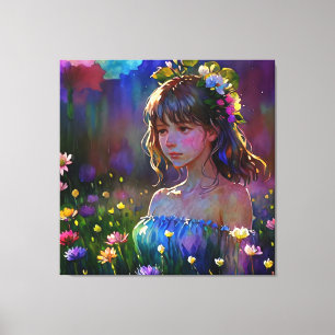 *~ Art Fantasy Wild Flowers Meisje AP56 Waterverf Canvas Afdruk