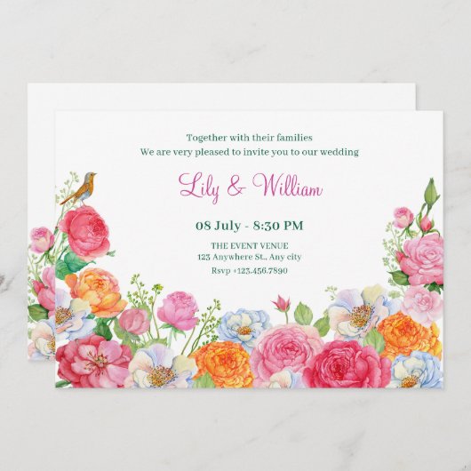 Art Flowers Rozen bruiloft Kaart (Voorkant / Achterkant)