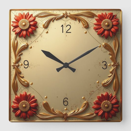 Art Golden Flower Vierkante Klok (Voorkant)